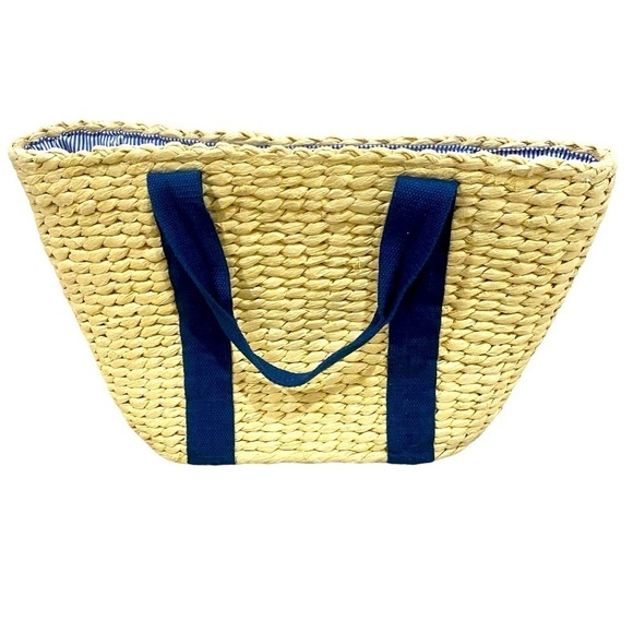 Summer casual basket handbag navy straps lined blue stripe internal pockets - Picture 2 of 10